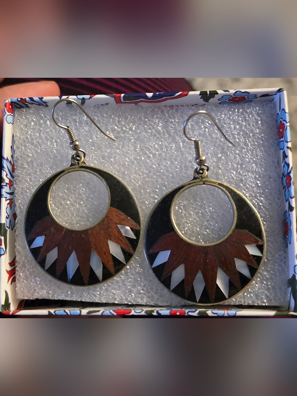 🌼Handmade Vintage Mexican Alpaca Sunburst Hoop Earrings - Gold with Brown Inlay